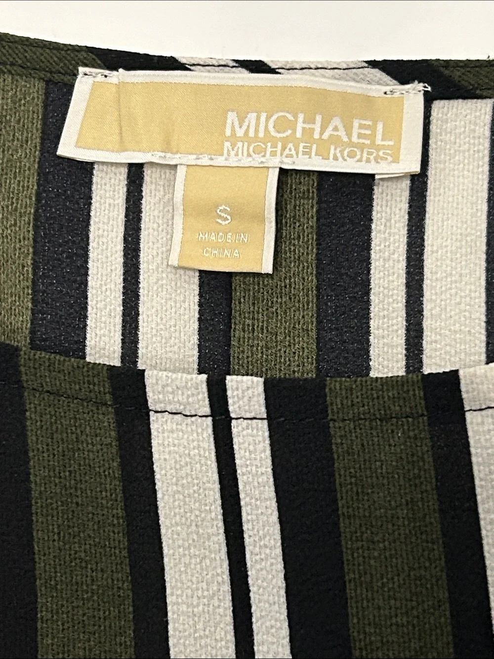 Michael Kors Olive Green Black and White Striped Tie-Front Short Sleeve Top